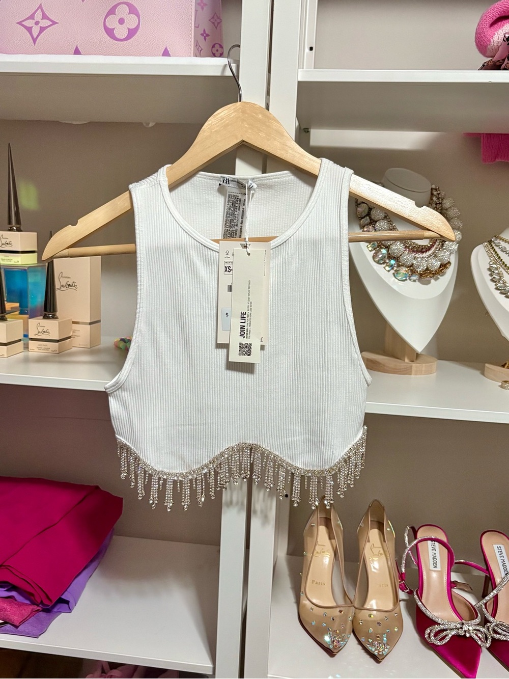 NWT Zara Jewelled Rhinestone White Crop Tank Womens Size XS/S